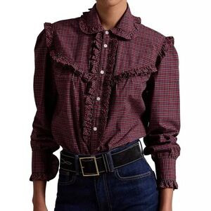 Polo Ralph Lauren Ruffle Trim Plaid Long Sleeve Top Red NWT Size XS